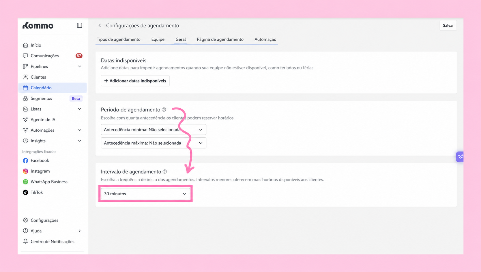 Settings page for scheduling with highlighted options for minimum and maximum notice periods.